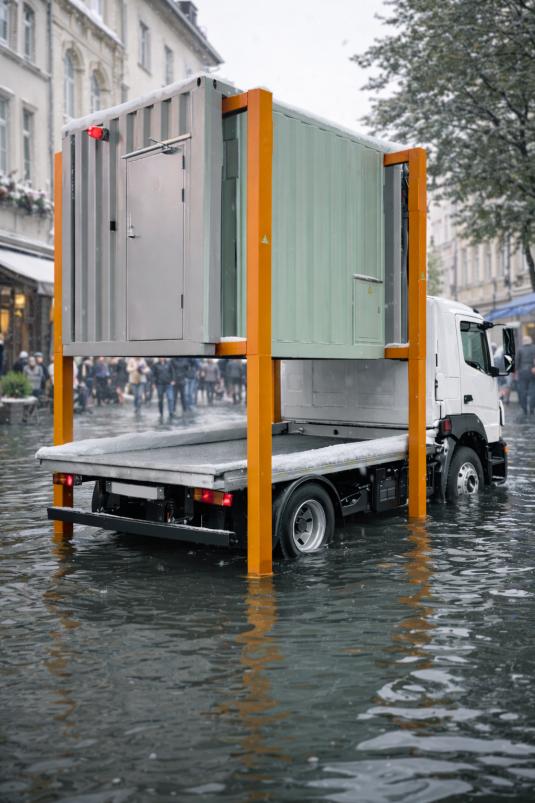 Max Generator Modul C8 transported through a flooded urban street