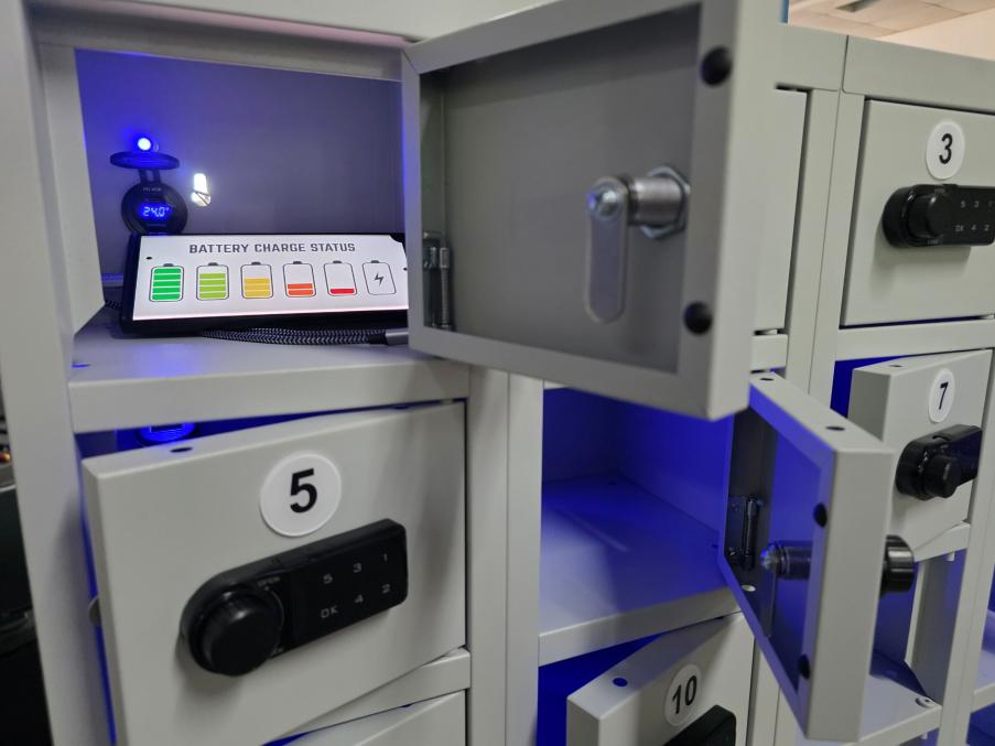 Numbered Conterbase charging lockers for public self-help during infrastructure outages